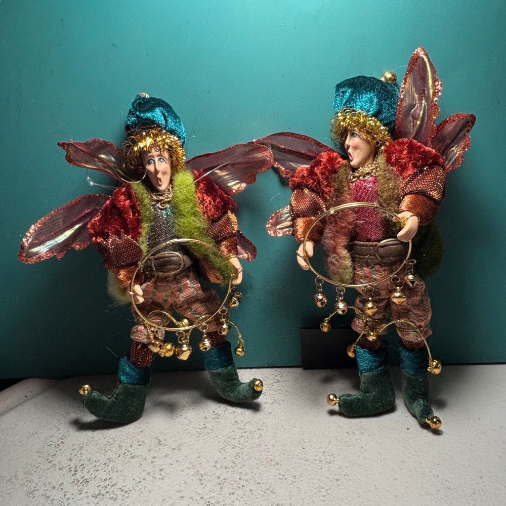 Vintage Multi-Color Velvet Winged Jester Elf Fairy Figurines with Bells Set of 2